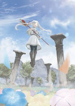 1girl bird blue_sky boots brown_boots capelet closed_eyes cloud column commentary_request earrings elf falling_petals floating flower frieren from_below highres holding holding_staff jewelry long_hair mage_staff mountainous_horizon outdoors parted_bangs petals pillar pointy_ears reiartdayo sky solo sousou_no_frieren staff teardrop_earrings tree twintails white_capelet white_hair