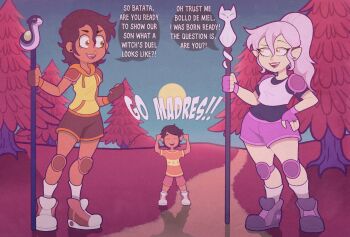 1boy 2girls alternate_universe amity_blight black_shirt brown_shorts commentary crop_top english_commentary english_text family fingerless_gloves full_body gloves hand_on_own_hip highres holding hood hoodie if_they_mated interracial jewelry kinggargantuas knee_pads long_hair luz_noceda medium_hair mother_and_son multiple_girls pocket pointy_ears purple_shorts ring shadow shirt short_sleeves shorts shoulder_pads sleeveless sleeveless_hoodie speech_bubble star_(symbol) the_owl_house tree wedding_ring wife_and_wife