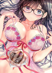 Rule 34 | 1girl, absurdres, adjusting clothes, babydoll, bed sheet, black-framed eyewear, black eyes, black hair, blush, breasts, chocolate, closed mouth, commentary, commentary request, english commentary, from above, glasses, happy valentine, highres, lace-trimmed babydoll, lace trim, large breasts, light smile, long hair, looking at viewer, lying, navel, ogata tei, on back, on bed, original, partial commentary, pink babydoll, red ribbon, ribbon, solo, underwear, valentine