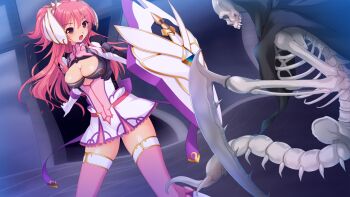 1girl :o armor battle belt blush bone boots bow breasts center_opening cleavage cleavage_cutout clothing_cutout dress dutch_angle elbow_gloves en_ciel_rena en_ciel_rena_(sin) faulds game_cg gem gloves gorget hair_between_eyes hair_ornament hair_ribbon holding holding_shield hood indoors kourin_tenshi_en_ciel_rena large_breasts large_variant_set legs_apart long_hair looking_at_another magical_girl monster non-web_source official_art one_side_up open_mouth outstretched_arm pauldrons pink_belt pink_hair pink_thighhighs red_eyes ribbon saitou_natsuki scythe shield short_dress shoulder_armor skeleton skirt standing suhamaya thigh_boots thighhighs tomoe_rena turtleneck v-shaped_eyebrows variant_set weapon white_gloves zettai_ryouiki