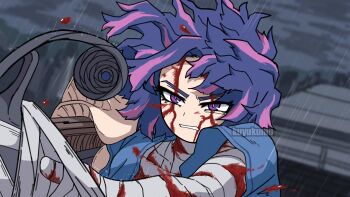 1girl bandaged_arm bandaged_chest bandaged_neck bandages blood blood_on_clothes blood_on_face bloody_bandages boku_no_hero_academia clenched_teeth commentary dotoyazuki highres hospital_gown lady_nagant multicolored_hair pink_hair purple_eyes purple_hair rain scar scar_on_face short_hair teeth