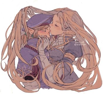 1boy 1girl aogoma beret blonde_hair blue_dress blue_hat blue_tabard blush border breasts closed_eyes couple cropped_torso dress earrings gloves gold_trim hand_in_another's_hair hand_in_own_hair hat hetero highres jewelry juliet_sleeves kiss kissing_forehead layered_sleeves link long_hair long_sleeves low_ponytail medium_breasts medium_hair military_hat military_uniform nintendo pointy_ears ponytail princess_zelda puffy_sleeves tabard the_legend_of_zelda the_legend_of_zelda:_breath_of_the_wild twitter_username upper_body white_border white_gloves