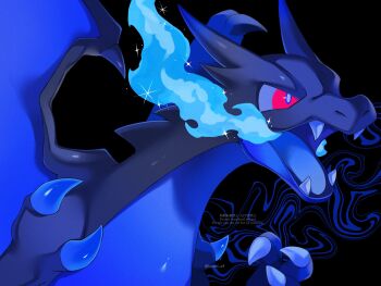 Rule 34 | black background, blue fire, breath weapon, breathing fire, charizard, claws, dragon, fangs, fire, gen 1 pokemon, highres, iwasi 29, mega charizard x, mega pokemon, nintendo, no humans, open mouth, pokemon, pokemon (creature), pokemon focus, red eyes, simple background, solo, wings