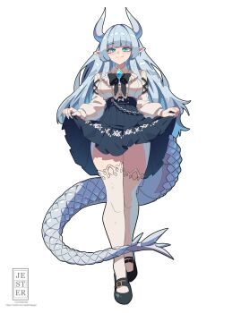1girl black_shoes blue_eyes blue_hair blue_skirt blunt_bangs blush breasts clothes_lift dragon_girl dragon_horns dragon_tail full_body high-waist_skirt highres horns jesternalagon lifting_own_clothes long_hair long_sleeves looking_at_viewer monster_girl original pointy_ears scales shirt shoes skirt skirt_hold skirt_lift smile solo standing tail thighhighs very_long_hair white_background white_shirt white_thighhighs