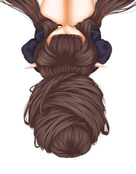 Rule 34 | 1girl, bebekp, brown hair, fate/apocrypha, fate (series), from above, hair bun, hair flowing over, hair focus, highres, jacket, long hair, semiramis (fate), simple background, single hair bun, sitting, suit jacket, very long hair, white background