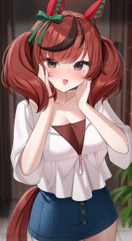 1girl absurdres animal_ears black_streaks blue_skirt blush breasts brown_eyes brown_hair brown_tail cleavage collarbone denim denim_skirt hands_on_own_cheeks hands_on_own_face highres horse_ears horse_girl horse_tail long_hair looking_at_viewer medium_breasts miniskirt nice_nature_(casual)_(umamusume) nice_nature_(umamusume) nose_blush open_mouth rynzfrancis shirt skirt solo tail twintails umamusume wavy_mouth white_shirt zipper_pull_tab