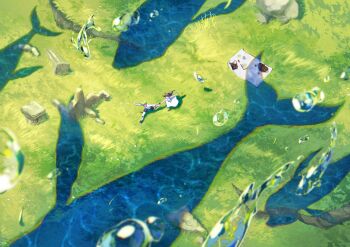 1boy 1girl baracan commentary_request day dress floating_hat flying_whale from_above grass highres holding_hands meadow original outdoors picnic picnic_basket picnic_blanket rock ruins running scenery shadow shirt shorts very_wide_shot water_drop whale white_dress white_shirt wind