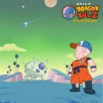 1boy black_eyes chibi cloud cloudy_sky dragon_ball grass green_sky kuririn looking_up namek sky solo spaceship surprised tree