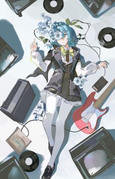 1girl absurdres black_dress black_jacket black_shoes blue_eyes blue_hair commentary dress english_commentary from_above guitar hair_ornament highres i.r.i.s._(wuthering_waves) instrument jacket letter_hair_ornament long_sleeves lying on_back pantyhose parted_lips saturn_(saturn_illus) shoes solo white_pantyhose wuthering_waves