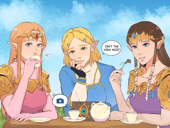 3girls armor black_gloves blonde_hair blue_eyes blue_gemstone blue_shirt blue_sky braid breasts brown_hair c4rr0tzzz cloud cloudy_sky crown_braid cup dress drinking earrings eating elbow_gloves english_text fingerless_gloves fork gem gloves gold_armor gold_earrings gold_trim green_eyes grey_gloves hair_ornament hair_ribbon hairclip hand_on_own_chin highres holding holding_cup holding_fork jewelry light_blush long_hair looking_at_viewer medium_breasts multiple_girls nintendo parted_bangs parted_lips pink_dress pink_gloves pointy_ears princess_zelda purple_dress ribbon shirt short_hair shoulder_armor sidelocks sky teacup teapot the_legend_of_zelda the_legend_of_zelda:_breath_of_the_wild the_legend_of_zelda:_ocarina_of_time the_legend_of_zelda:_twilight_princess tiara triforce twitter_username upper_body white_ribbon