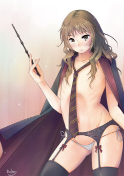 1girl artist_name bad_anatomy black_thighhighs blush brown_eyes brown_hair cape cowboy_shot donkey0_0 embarrassed female_focus flat_chest garter_belt grey_panties hair_censor hair_over_shoulder harry_potter_(series) hermione_granger highres hogwarts_school_uniform holding holding_wand loli long_hair looking_at_viewer navel necktie panties parted_lips poorly_drawn school_uniform side-tie_panties signature skindentation solo standing thighhighs topless_female underwear wand wizarding_world