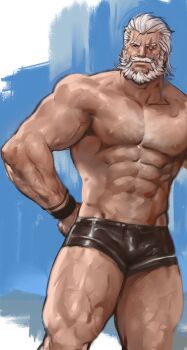 1boy abs art_study bara beard black_shorts broad_shoulders bulge chest_hair connected_beard cropped_arms dopey_(dopq) facial_hair hand_on_own_hip highres male_focus mature_male missing_eye muscular muscular_arms muscular_legs muscular_male old old_man overwatch overwatch_1 pectorals reinhardt_(overwatch) scar scar_across_eye scar_on_face short_hair shorts standing thighs white_hair