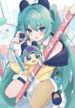 Rule 34 | 1girl, aqua eyes, aqua hair, aqua nails, blush, collared shirt, colored pencil, commentary request, grey shirt, hair between eyes, hatsune miku, highres, jacket, long hair, looking at viewer, open mouth, pencil, rurudi (51 ruru6151), shirt, sleeveless, sleeveless shirt, solo, squatting, tamagotchi (virtual pet), thigh strap, twintails, very long hair, virtual pet (toy), vocaloid, yellow jacket