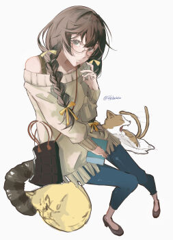 Rule 34 | 1girl, absurdres, artist name, blue pants, braid, brown hair, brown shoes, cat, closed mouth, from above, glasses, grey eyes, grey sweater, hand to own mouth, hanekawa tsubasa, highres, kkheicho, long hair, monogatari (series), pants, shoes, simple background, sitting, solo, sweater, twin braids, white background