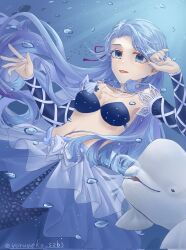 1girl artist_name bare_shoulders bikini bikini_top_only blue_bikini blue_eyes blue_hair blue_nails breasts bubble cleavage collarbone detached_sleeves dolphin dress hair_ornament highres jewelry large_breasts magical_girl mermaid mermaid_melody_pichi_pichi_pitch midriff monster_girl nasumi_77 navel necklace noel_(mermaid_melody_pichi_pichi_pitch) open_mouth seashell shell shell_necklace solo swimsuit underwater