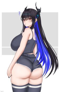 ? ass asymmetrical_horns black_nails breasts grey_shorts grey_tank_top grey_thighhighs highres holoadvent hololive hololive_english horns large_breasts lollipop_in_mouth looking_at_viewer nerissa_ravencroft senpaisif short_shorts shorts tank_top thighhighs virtual_youtuber