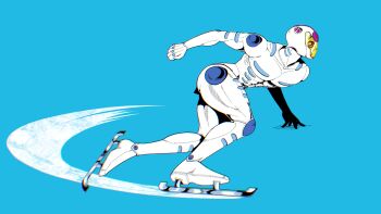 1boy absurdres armor blue_background full_body ghiaccio hashtag-only_commentary highres ice_skates inline_skates jojo_no_kimyou_na_bouken male_focus motion_lines pi_aa12 red-framed_eyewear roller_skates skates solo stand_(jojo) vento_aureo white_album_(stand) white_armor