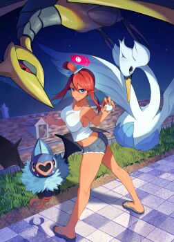 1girl absurdres ariekochan ass bare_shoulders bat_(animal) bird blue_eyes blush breasts butt_crack colored_sclera commentary commission commissioner_upload denim denim_shorts english_commentary flip-flops gameplay_mechanics gen_2_pokemon gen_5_pokemon gen_6_pokemon gold_skin hair_ornament highres holding holding_poke_ball large_breasts long_hair looking_at_viewer mega_pokemon mega_skarmory metal_skin midriff night nintendo noibat non-web_source one_side_up open_mouth parted_lips poke_ball poke_ball_(basic) pokemon pokemon_(creature) pokemon_black_and_white pokemon_legends:_z-a red_hair red_sclera rooftop sandals short_hair_with_long_locks shorts sidelocks skarmory sky skyla_(pokemon) smile swanna tank_top white_tank_top wings
