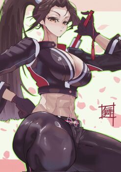 Rule 34 | 1girl, abs, artist request, black gloves, black jacket, black pants, cropped jacket, fatal fury, fatal fury: city of the wolves, female focus, folding fan, gloves, hand fan, highres, holding, holding fan, jacket, leather, leather jacket, leather pants, midriff, motoyui, multicolored gloves, muscular, muscular female, navel, pants, red gloves, shiranui mai, snk, solo, two-tone gloves