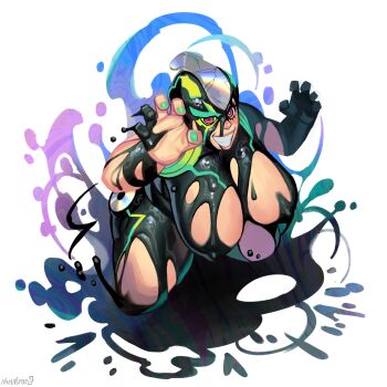 1girl absurdres alternate_breast_size_(larger) black_bodysuit bodysuit breasts cd claw_pose commentary covered_erect_nipples english_commentary foo_fighters_(jojo) foo_fighters_(stand) full_body green_nails grin hands_up highres jojo_no_kimyou_na_bouken large_breasts living_clothes looking_at_viewer namnums red_eyes revealing_clothes smile solo stone_ocean torn_bodysuit torn_clothes