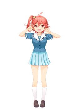 1girl ahoge blue_skirt brown_eyes brown_shoes fang full_body girlfriend_(kari) hair_ornament loafers looking_at_viewer miniskirt official_art pink_hair pleated_skirt qp:flapper school_uniform shoes simple_background skirt smile socks solo takara_sora thighs transparent_background white_socks