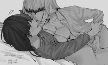 Rule 34 | 2girls, ^^^, blunt bangs, blush, bottomless, breast press, breasts, collarbone, collared shirt, colored tips, commentary request, earrings, fingering, greyscale, holding another's arm, inago akira, jewelry, jouhou, large breasts, long hair, long sleeves, looking at another, lying, medium breasts, medium hair, monochrome, multicolored hair, multiple girls, on back, on bed, open clothes, open mouth, open shirt, parted lips, saliva, satsuki yomi, shirt, streaked hair, striped clothes, striped shirt, sweat, sweater, toji no miko, translation request, trembling, yuri