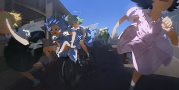 5girls absurdres bicycle bicycle_basket black_dress black_hair blonde_hair blue_dress blue_hair brown_shoes carrot_necklace chasing cirno closed_mouth commentary_request daiyousei dress ex-keine fairy fairy_wings green_dress green_hair hair_ribbon highres horns ice ice_wings inaba_tewi jewelry kamishirasawa_keine kinoko_(kino2435006) long_hair medium_hair multiple_girls necklace open_mouth outdoors pink_dress ribbon riding riding_bicycle rumia running shirt shoes short_sleeves side_ponytail smile socks teeth touhou white_shirt white_socks wings