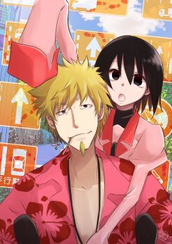 Rule 34 | 1boy, 1girl, 756san, :o, arm around shoulder, artist name, beard, black eyes, black hair, black necktie, black pantyhose, blonde hair, blue sky, bob cut, carrying, cigarette, close-up, closed mouth, cloud, collarbone, commission, cross, cross earrings, detexted, dress shirt, earrings, facial hair, family bonding, floral print, hair between eyes, hawaiian shirt, highres, inverted cross, inverted cross earrings, jewelry, juliet sleeves, long sleeves, looking ahead, looking at viewer, monogatari (series), mouth hold, naoetsu high school uniform, necktie, open clothes, open mouth, open shirt, oshino meme, oshino ougi, pantyhose, piggyback, pink shirt, pointing, puffy sleeves, school uniform, shirt, short hair, signature, single earring, skeb commission, sky, sleeves past fingers, sleeves past wrists, third-party edit, traffic sign, tree, turtleneck, v-shaped eyebrows