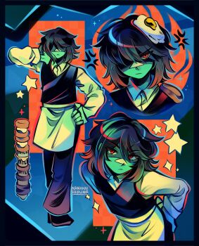 1other absurdres anger_vein apron artist_name black_border black_hair black_pants black_shoes black_vest blue_skin border colored_skin colorful_background commentary covered_eyes deltarune english_commentary food food_on_head food_stack fried_egg hand_on_own_hip hand_on_own_neck highres kris_(cooking_show)_(deltarune) kris_(dark_world)_(deltarune) kris_(deltarune) looking_at_viewer multiple_views nanakaiseedling object_on_head other_focus pants red_eyes shaded_face shirt shoes short_hair star_(symbol) utdr_(toby_fox) vest waist_apron white_apron white_shirt