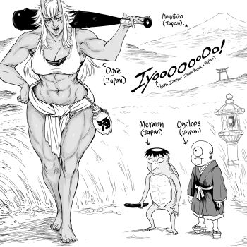 Rule 34 | 1girl, 2boys, abs, absurdres, barefoot, bb (baalbuddy), breasts, cleavage, club (weapon), commentary, cucumber, english commentary, english text, full body, gourd, highres, japanese mythology, kappa, large breasts, mountain, multiple boys, muscular, muscular female, navel, oni, platform sandals, sandals, sharp teeth, teeth, tongue, tongue out, torii, weapon