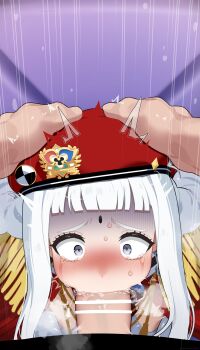 1boy 1girl absurdres bar_censor beret blush censored commentary_request deepthroat echika_y._franburnett epaulettes fellatio gloves grey_eyes hands_on_another&#039;s_head hat hetero highres irrumatio long_hair mizumizuni oral penis pov red_hat saliva solo_focus super_robot_wars super_robot_wars_y sweat tears white_gloves white_hair