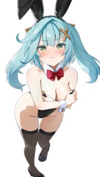 1girl absurdres animal_ears black_footwear black_leotard black_thighhighs blue_nails blush bow bowtie covering_breasts covering_privates detached_collar fake_animal_ears faruzan_(genshin_impact) genshin_impact green_eyes hair_ornament highres kkix25 leotard long_hair playboy_bunny pout rabbit_ears red_bow red_bowtie simple_background solo strapless strapless_leotard symbol-shaped_pupils thighhighs triangle-shaped_pupils twintails white_background wrist_cuffs x_hair_ornament