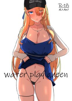 1girl absurdres baseball_cap bikini black_bikini black_hat blonde_hair blue_dress blue_eyes blush breasts brown_dust_(series) brown_dust_2 character_name cleavage closed_mouth clothes_lift dress dress_lift groin hair_over_one_eye hat highres jewelry large_breasts long_hair looking_at_viewer micro_bikini navel necklace shrug_(clothing) simple_background skindentation solo stomach swimsuit theakingu very_long_hair white_background wilhelmina_(brown_dust) wilhelmina_(water_park_queen)_(brown_dust)