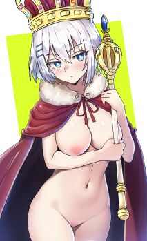 1girl absurdres blue_eyes blush breasts cloak closed_mouth cowboy_shot crown date_a_live ebora hair_between_eyes hat highres holding medium_breasts naked_cloak navel nipples nude red_cloak red_crown short_hair solo standing tobiichi_origami white_hair