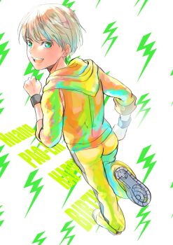 Rule 34 | 1girl, blonde hair, character name, commentary request, full body, green eyes, happy birthday, highres, hood, hood down, hoodie, huang pao-lin, kei (desafinado), lightning bolt symbol, long sleeves, looking back, open mouth, pants, shoes, short hair, smile, solo, teeth, tiger &amp; bunny, very short hair, white background, yellow hoodie, yellow pants, yellow shoes