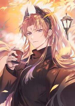 1boy absurdres alternate_costume arknights autumn_leaves bird_boy bishounen black_jacket black_suit black_sweater braid commentary_request cup curtained_hair disposable_coffee_cup disposable_cup ear_piercing falling_leaves feathered_wings forehead_jewel formal_clothes hand_up head_wings highres holding holding_cup jacket lamppost leaf long_hair long_sleeves looking_at_viewer male_focus open_clothes open_jacket orange_hair outdoors parted_lips passenger_(arknights) piercing ponytail purple_eyes ramel side_braid solo suit suit_jacket sweater turtleneck turtleneck_sweater upper_body wings
