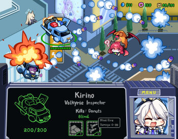 4girls animal_ears black_horns blonde_hair blue_archive blue_halo building demon_horns demon_wings dog_ears dog_girl english_text explosion fake_screenshot flying_car food fried_hoshino_(meme) friendly_fire grey_eyes hair_over_one_eye halo health_bar highres hm_(hmongt) horns junko_(blue_archive) kanna_(blue_archive) kirino_(blue_archive) long_hair meme mika_(blue_archive) missile multiple_girls mutalisk parody red_hair red_halo red_wings shrimp shrimp_tempura starcraft tempura twintails user_interface valkyrie_(starcraft) wings