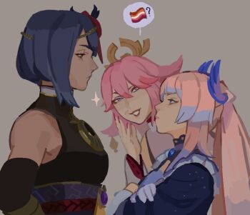 Rule 34 | 3girls, ?, animal ears, arms behind back, black shirt, blue bow, blue eyes, blue gemstone, blue hair, blue jacket, bow, breasts, brooch, chest bow, choker, closed mouth, commentary, crossed arms, detached sleeves, earrings, english commentary, fox ears, fox girl, frills, gem, genshin impact, gloves, gold earrings, grey background, hair between eyes, half-closed eyes, hand up, headpiece, implied yuri, jacket, japanese clothes, jewelry, kujou sara, lesbian flag, long hair, long sleeves, looking at another, low ponytail, mask, mask on head, medium breasts, multicolored hair, multiple girls, nontraditional miko, pendant, pink hair, pink lips, pink pupils, ponytail, purple choker, purple eyes, purple gemstone, purple shirt, red mask, rope, sangonomiya kokomi, shirt, short hair, sidelocks, simple background, sleeveless, sleeveless shirt, smile, sparkle, speech bubble, suqling, teeth, tengu mask, turtleneck, turtleneck shirt, two-tone hair, upper body, vision (genshin impact), white gloves, white sleeves, wide sleeves, yae miko, yellow eyes