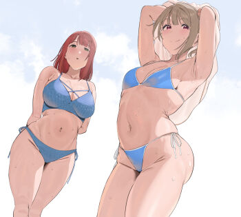 2girls arched_back armpits arms_behind_back arms_up bare_arms bikini blue_bikini blunt_bangs blush breasts brown_hair cleavage collarbone commentary english_commentary grey_eyes highres large_breasts looking_at_viewer love_live! love_live!_nijigasaki_high_school_idol_club multiple_girls nakasu_kasumi navel okpriko parted_lips presenting_armpit purple_eyes red_hair simple_background small_breasts smile standing sweat swimsuit thighs uehara_ayumu