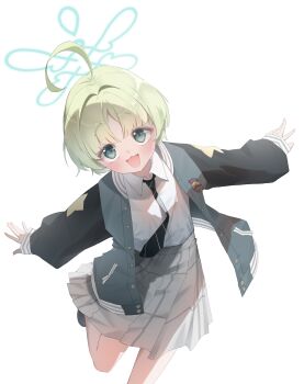 Rule 34 | 1girl, :3, :d, absurdres, ahoge, aqua halo, black necktie, blue archive, blunt bangs, blush, collared shirt, commentary request, diagonal-striped clothes, diagonal-striped necktie, dress shirt, green eyes, green hair, green jacket, grey skirt, hair intakes, halo, highres, huge ahoge, ixia559, jacket, looking at viewer, miniskirt, necktie, open clothes, open jacket, open mouth, outstretched arms, outstretched hand, parted bangs, plaid clothes, plaid skirt, pleated skirt, ritsu (blue archive), school uniform, shirt, short hair, sidelighting, simple background, skirt, sleeves past wrists, smile, solo, standing, standing on one leg, striped clothes, tareme, upturned eyes, white background, white shirt