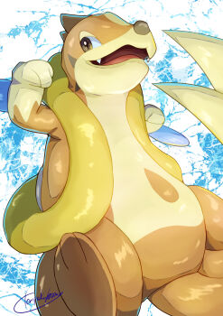 absurdres brown_eyes commentary_request fangs floatzel gen_4_pokemon hands_up highres looking_to_the_side nintendo open_mouth pokemon pokemon_(creature) signature smile tanpakuroom tongue white_background
