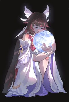 1girl absurdres arm_ribbon artist_name bare_shoulders black_background black_hair closed_eyes closed_mouth columbina_(genshin_impact) commentary dress eiriseth eye_mask full_body full_moon genshin_impact hair_ribbon head_wings highres holding_moon long_hair mask moon multicolored_hair red_hair ribbon solo symbol-only_commentary two-tone_hair very_long_hair white_dress white_ribbon white_wings wings