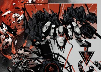 armored_core armored_core_vi:_fires_of_rubicon battle_damage character_name collar debris emblem handler_walter humanoid_robot kuroihato leash loader_4 mecha mecha_focus no_humans one-eyed red_background red_eyes robot science_fiction
