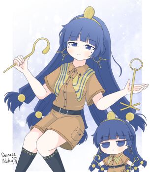 Rule 34 | 2girls, belt buckle, black socks, blue eyes, blue hair, blunt bangs, brown shirt, brown shorts, buckle, check commentary, chibi, collared shirt, commentary request, cropped legs, dated, dounaga nuko, earrings, facial mark, fossilized wonders, fumo (doll), gold, gold buckle, gold hairband, gold headdress, gold headwear, hair ornament, hairband, highres, holding, holding scepter, jewelry, key earrings, kneehighs, long hair, michigami nareko, multiple girls, pocket, scepter, shirt, short sleeves, shorts, signature, simple background, smile, socks, sphere hair ornament, star (sky), starry sky background, striped capelet, touhou, triangle, triangle facial mark, upper body, usekh collar, white background