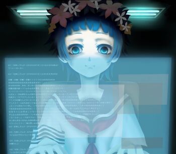 1girl armband bad_id bad_pixiv_id blue_theme female_focus floating_screen flower hair_flower hair_ornament head_wreath holographic_monitor koyubi_(kahoooori) school_uniform screen serafuku short_hair solo toaru_kagaku_no_railgun toaru_majutsu_no_index transparent uiharu_kazari
