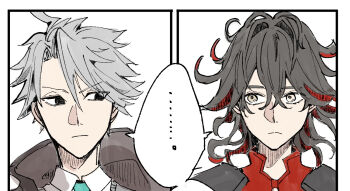 2boys ahoge black_eyes black_hair cloak collared_shirt colored_inner_hair curly_hair dante_alighieri_(fate) dante_alighieri_(second_ascension)_(fate) fate/grand_order fate_(series) gloves grey_eyes grey_hair hair_between_eyes jacket james_moriarty_(ruler)_(fate) ki_wa001 lightning_ahoge male_focus medium_hair multicolored_hair multiple_boys necktie red_hair shirt short_hair simple_background trinity_metatronius_(fate/grand_order) two-tone_hair white_background white_shirt