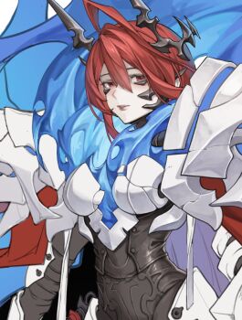 1girl ahoge armor black_horns blue_fire breastplate breasts commentary crack double-parted_bangs elizabeth_rose_bloodflame english_commentary fire hair_between_eyes hololive hololive_english horns huge_ahoge large_breasts long_hair looking_at_viewer parted_lips raresauce red_eyes red_hair shoulder_armor solo upper_body very_long_hair virtual_youtuber