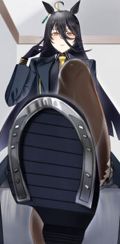 1girl absurdres ahoge animal_ears black_coat black_gloves black_hair black_jacket black_pantyhose black_shirt black_shoes black_skirt blush brown_pantyhose coat collared_shirt commentary_request ear_tag earrings feet foot_focus gloves hair_between_eyes highres horse_ears horse_girl horseshoe jacket jewelry jitome_no_tsugumi long_bangs long_hair long_hair_between_eyes long_sleeves looking_at_viewer manhattan_cafe_(creeping_shadow)_(umamusume) manhattan_cafe_(umamusume) multicolored_hair necktie pantyhose parted_lips playing_with_own_hair shirt shoes single_earring sitting skirt solo umamusume very_long_hair white_hair yellow_eyes yellow_necktie