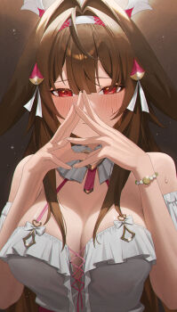 1girl absurdres bare_shoulders blush breasts brown_hair chromatic_aberration cleavage closed_mouth commentary fingernails hair_flaps hair_intakes hair_ornament hairband hands_up highres large_breasts long_hair looking_at_viewer mm_(mhm2592) official_alternate_costume red_eyes solo steepled_fingers sweatdrop upper_body white_hairband ye_shunguang zenless_zone_zero