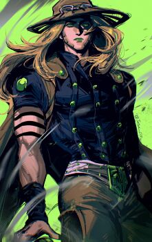 Rule 34 | 1boy, absurdres, black shirt, brown hair, brown pants, cape, collared shirt, commentary, cowboy shot, english commentary, facial hair, floating hair, green eyes, green lips, gyro zeppeli, highres, jojo no kimyou na bouken, lipstick, long hair, makeup, male focus, pants, shirt, shirt tucked in, short hair, short sleeves, solo, steel ball run, tatsu (tatsumccree), twitter username, wings